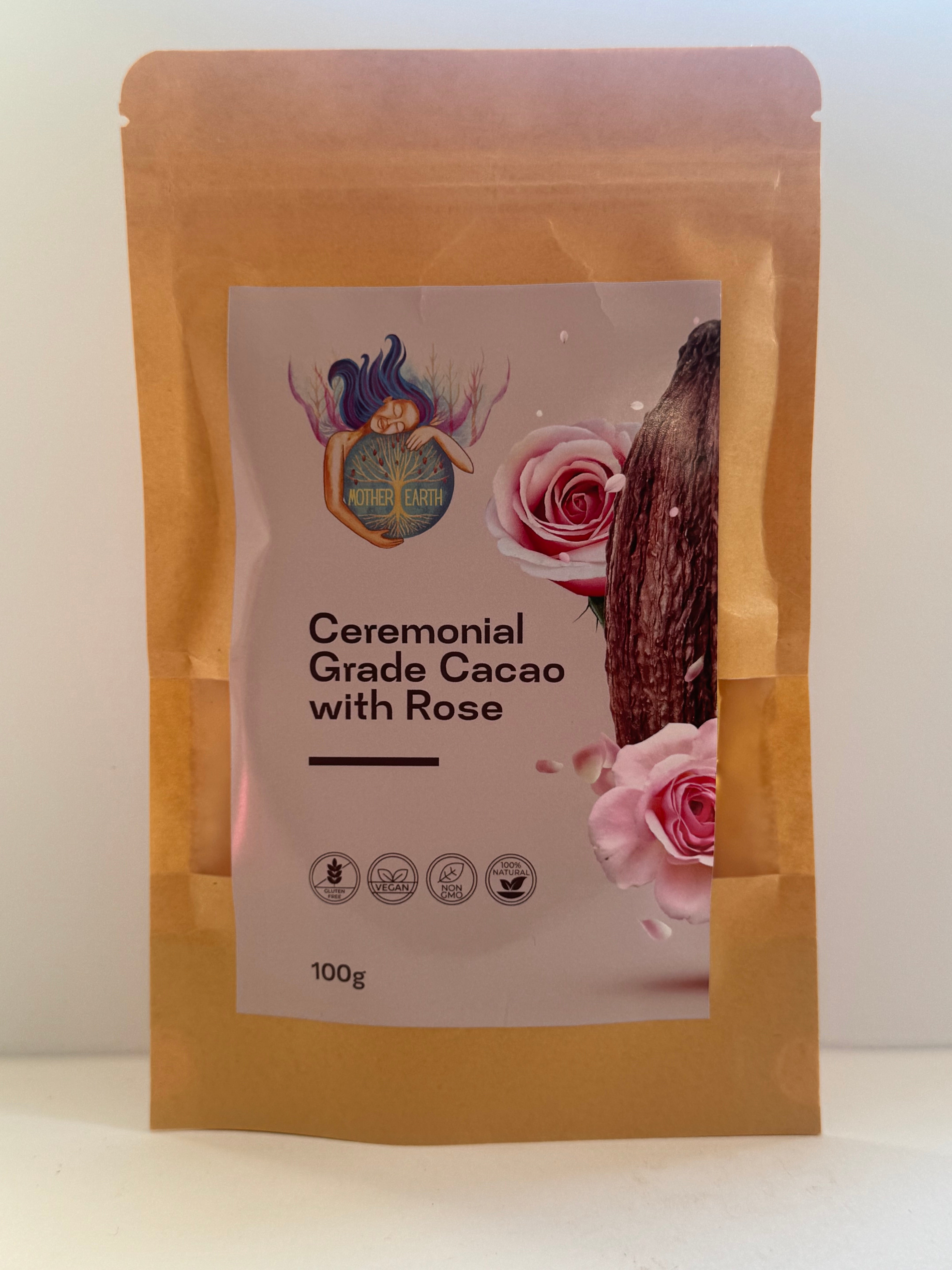 100% Pure, Premium, Organic, High Vibrational, Ceremonial Cacao 100G Bar Infused with CRUSHED ROSE PETAL POWDER. Supports Women’s Collective.