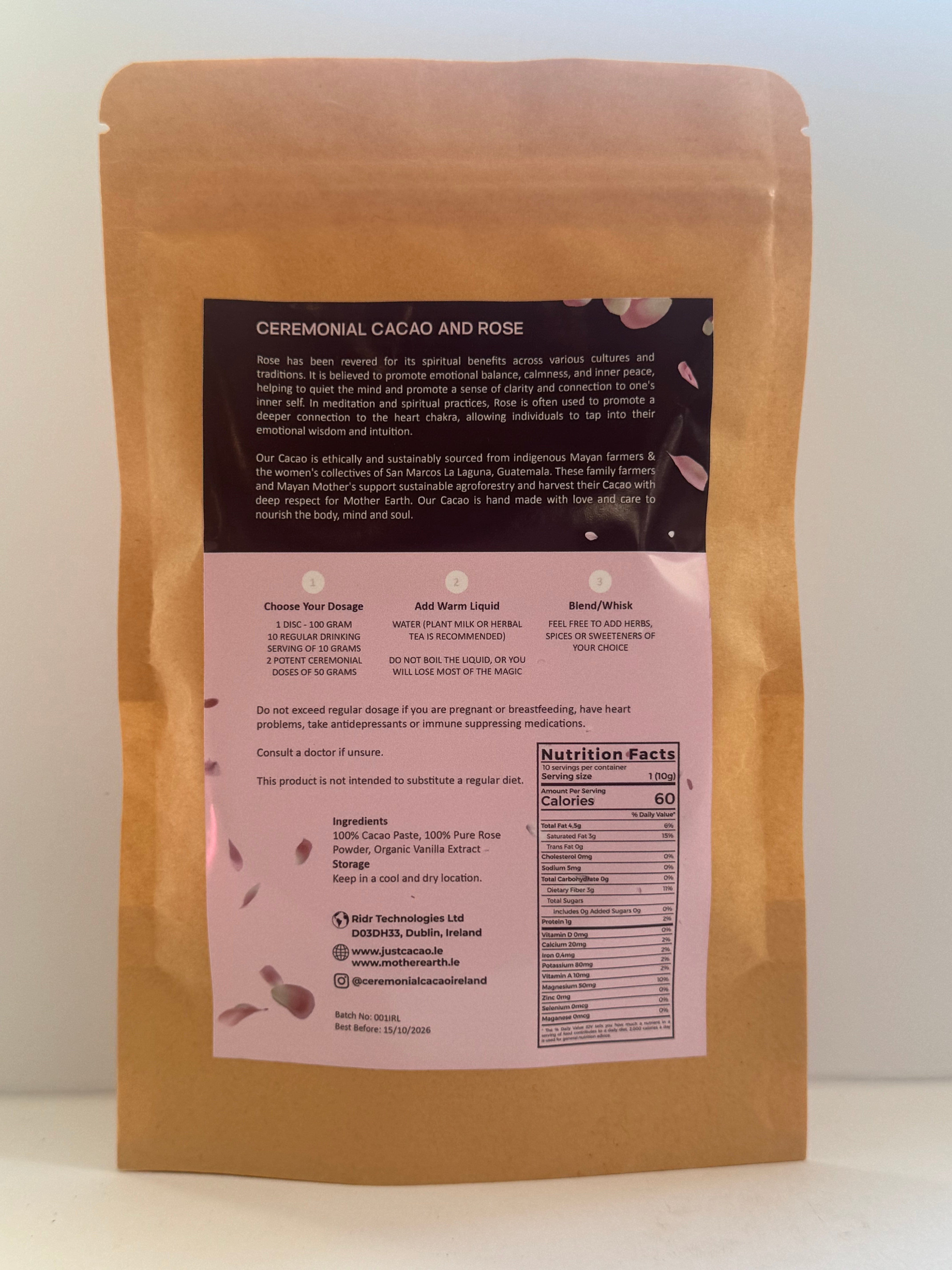 100% Pure, Premium, Organic, High Vibrational, Ceremonial Cacao 100G Bar Infused with CRUSHED ROSE PETAL POWDER. Supports Women’s Collective.