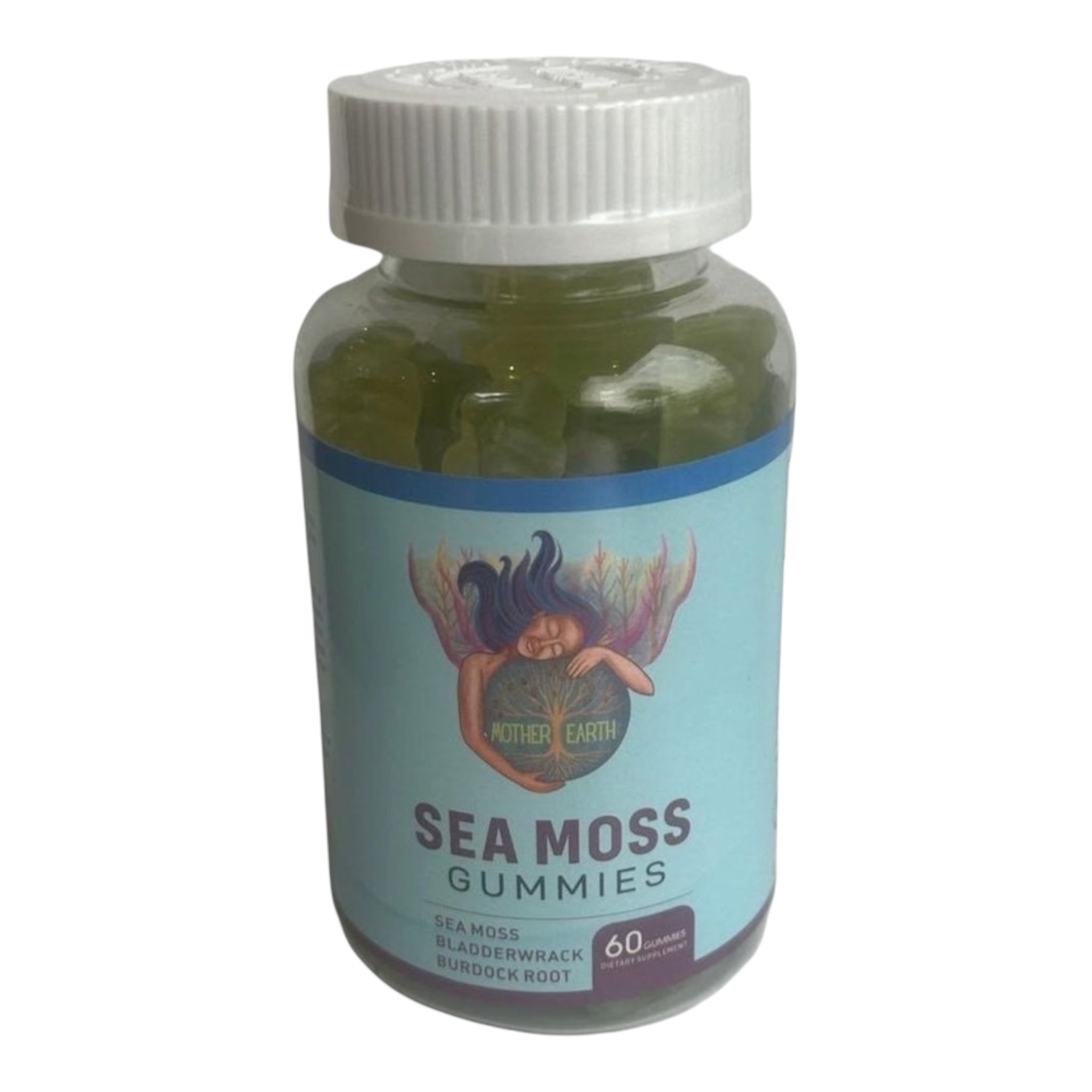 Sea Moss Gummies. Mother Earth. Sea Moss. Burdock Root - Bladderwrack. Non GMO. Vegan. Gelatine Free.