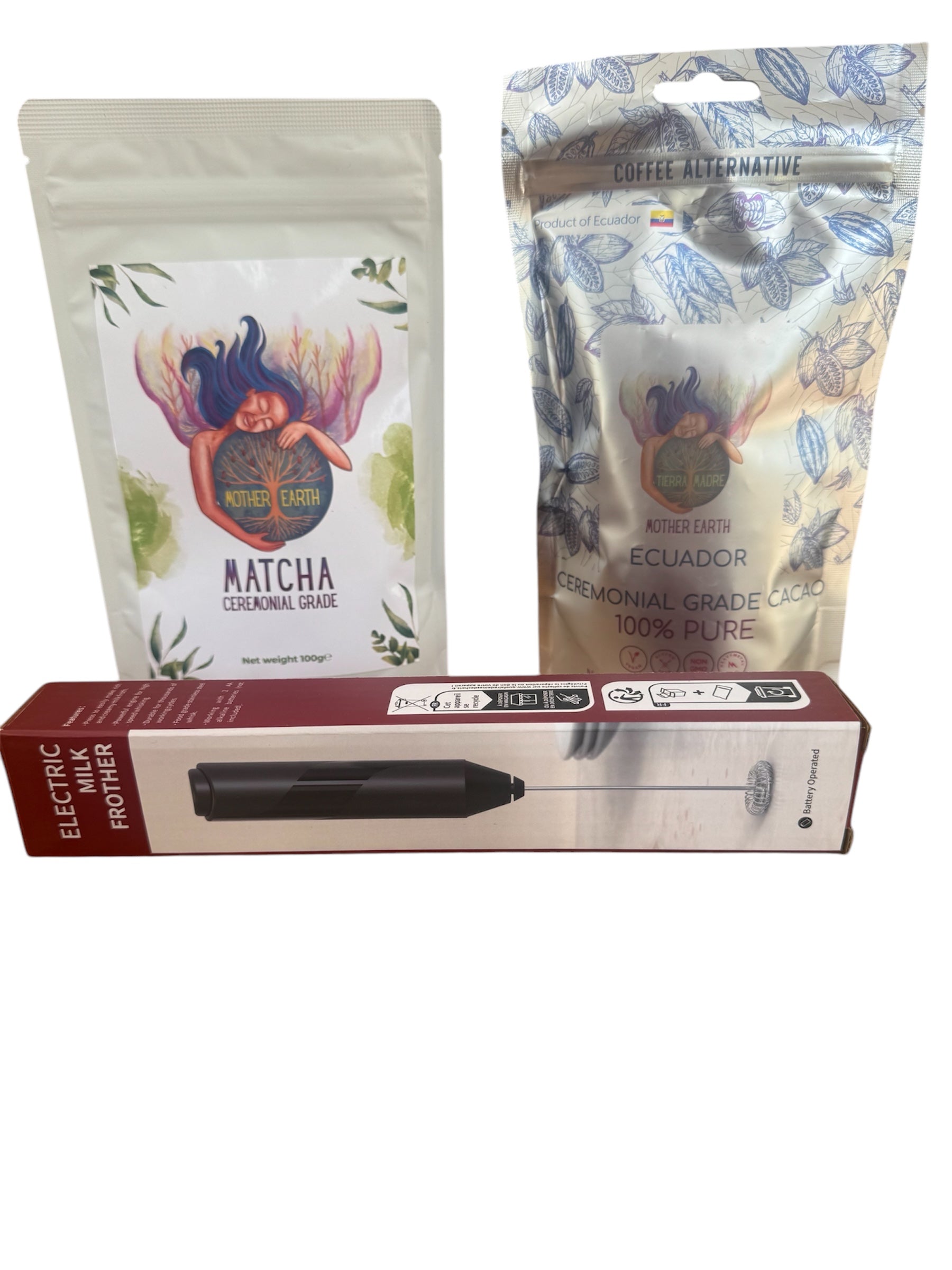 The “Ceremonial Grade Duo Bundle”  (100g Matcha & 200g of Ceremonial Grade Cacao with blender)
