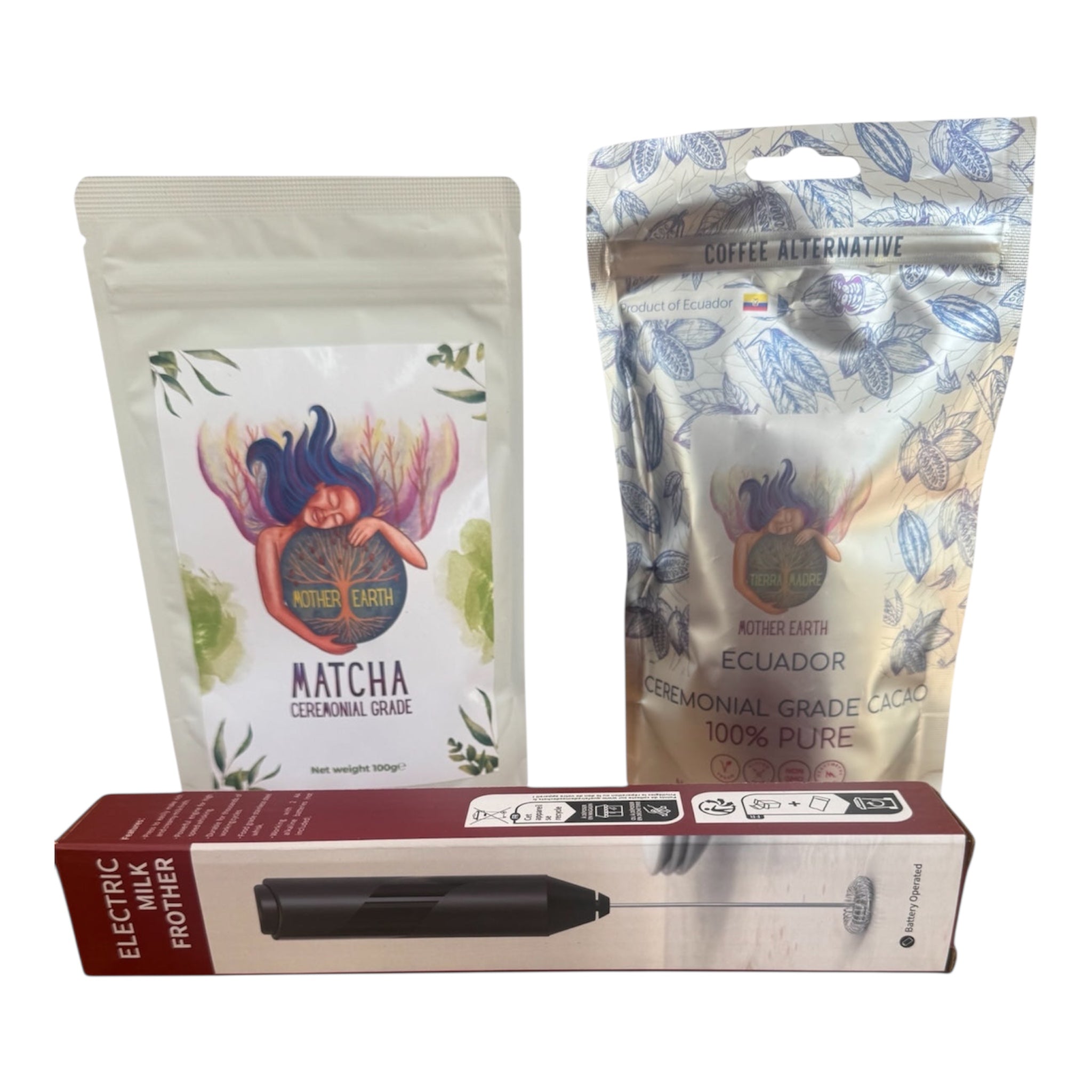 The “Ceremonial Grade Duo Bundle”  (100g Matcha & 200g of Ceremonial Grade Cacao with blender)