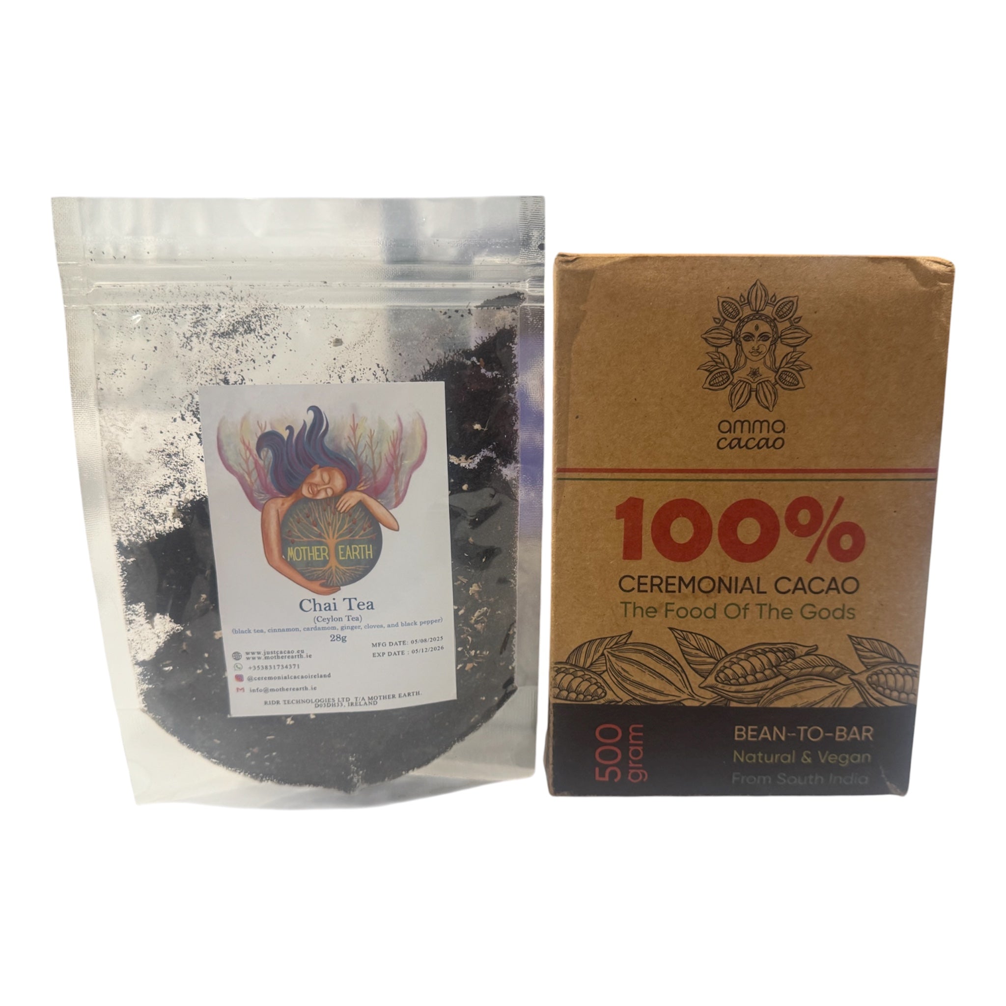 🌺 Amma Cacao – Ceremonial Grade Cacao from Kerala, India + Mother Earth Chai Tea (Ceylon 50g) Bundle