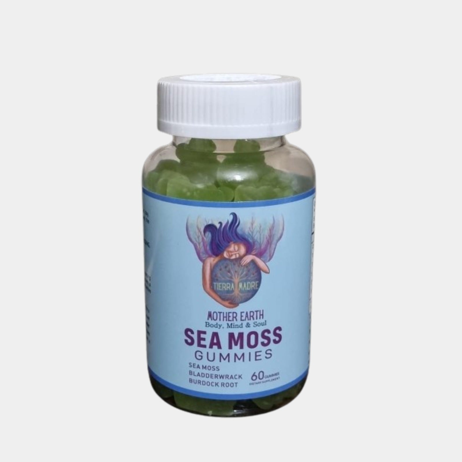 Sea Moss Gummies. Mother Earth. Sea Moss. Burdock Root - Bladderwrack. Non GMO. Vegan. Gelatine Free.