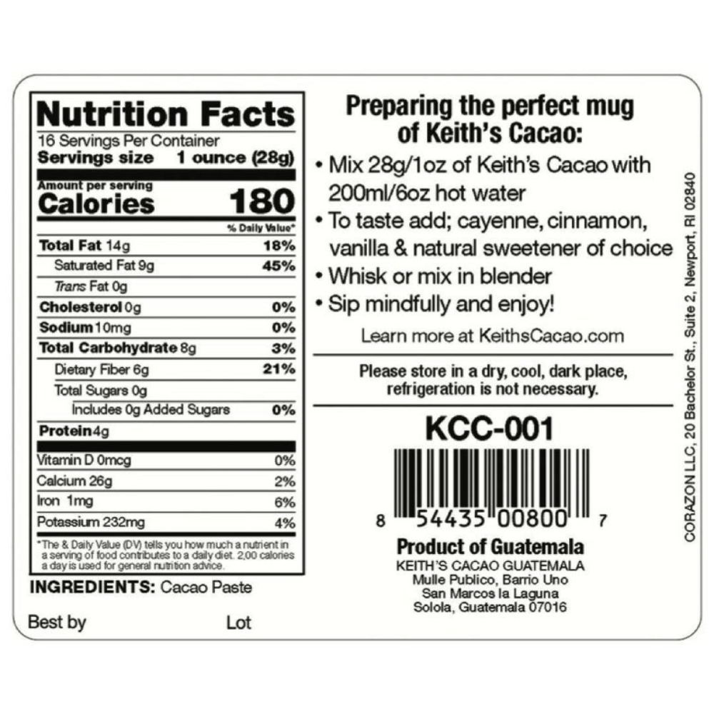 100% Keith’s Cacao - The Original Guatemalan Blend (454 Gram Solid Cacao Bar)